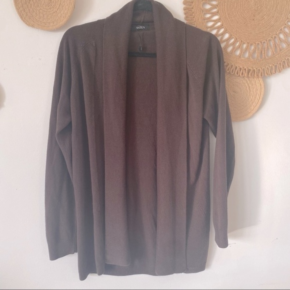 women’s brown open style cardigan sweater with overlap Flowy layer